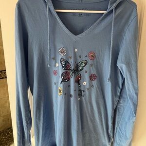 Life Is Good Blue Crusher Lite Hoodie with Butterfly and Floral Design Size Medi